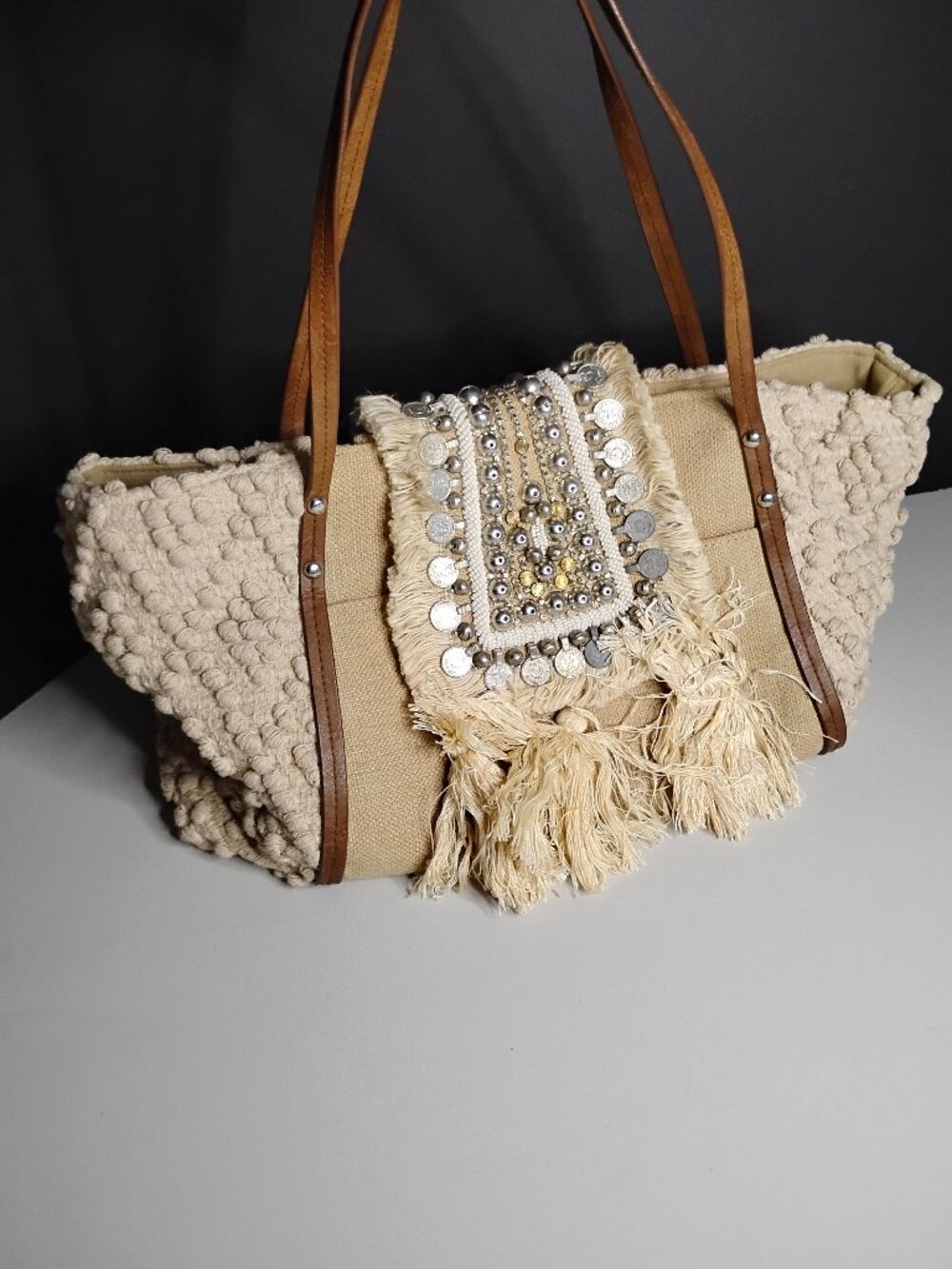 Steven By Steve Madden Beige Fringe Tote with Brown Straps